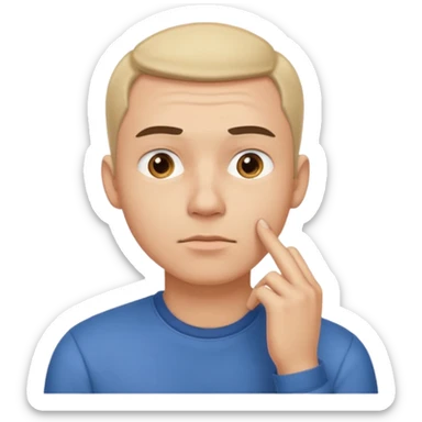A clean-shaven man in casual clothing thinking critically, touching his chin with one hand, eyebrows slightly furrowed, focused and analytical expression. Neutral background, soft lighting, realistic emoji style. sticker