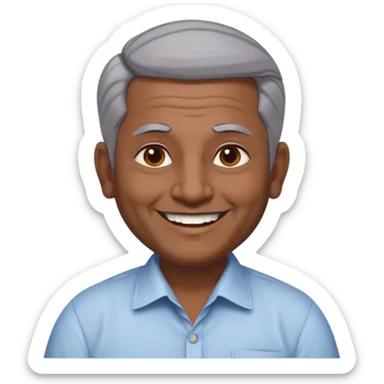50 yr old indian man, dark skin, grey hair, big smile, white teeth, chubby, no moustache, clean shaven, young style hair, hair brushed back, 5 oclock shadow, bindy, dress shirt, forehead dot, chubby, religious sticker