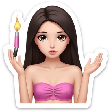 girl with lighter skin, dark brown long straight hair falling in front of her body, pouty shiny lips without cupid's bow, shiny large eyes with long eyelashes, lighter button nose, very long oval-shaped face, wearing a pink bandeau top with straight neckline, looking directly at camera with hands down at sides sticker