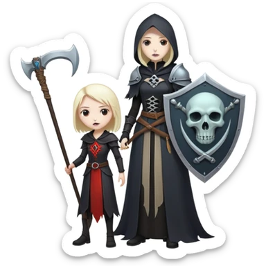 Necromancer girl with scythe and shield, in front of a dead mage sticker