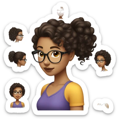 light skin girl with dark brown curly hair in a low ponytail with clear glasses sticker