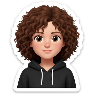 white girl with brunette curly hair and  brown eyes with a black hoodie sticker
