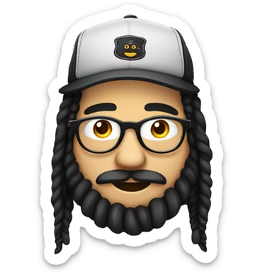 Guy with black dreadlocks tied behind head, with big frame glasses, with beard and mustache, a trucker hat, nose ring, chubby cheeks, big smiling showing sticker