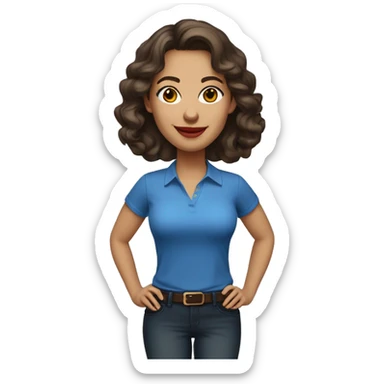 A cheerful woman in her 30s with light skin, shoulder-length wavy dark brown hair, and a round face with prominent cheekbones. She has hazel eyes, full lips with red lipstick, and a warm, friendly smile. She's wearing a blue shirt. sticker