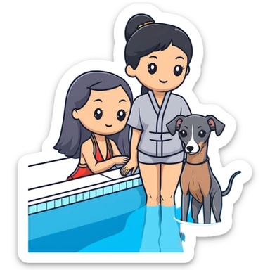 Slim Chinese woman with long black hair in pool attire at an indoor swimming pool with her Italian greyhound that is COMPLETELY and ENTIRELY solid dark grey, with ABSOLUTELY ZERO white markings anywhere on its entire body including face, nose, chest, paws - 100% uniform dark grey color only sticker