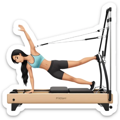 woman with tanned skin, long black hair, wearing a sports bra, doing exercise on a Pilates reformer machine sticker