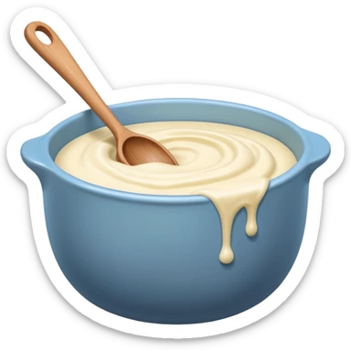 a cream ceramic mixing bowl with a wooden spoon stirring sticker