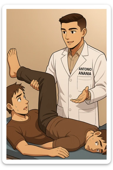 fai un webtoon manga a colori con questo stile, in cui un uomo è steso sul lettino medico e il kinesiologo con il camice bianco (fagli anche la scritta "ANTONIO ANANIA" SUL CAMICE, gli solleva una gamba per fargli il test neuromuscolare, IL KINESIOLOGO SPIEGA ALL'UOMO UNA cosa mentre gli alza la gamba. non fare i fumetti però, fai solo in modo che sembri stiano parlando sticker