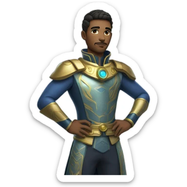 Male character with futuristic attire, wearing a combination of traditional royal clothing and modern tech-inspired accessories. sticker