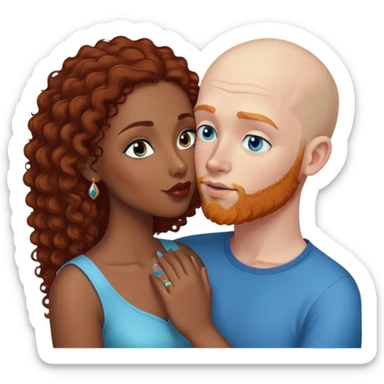 Bald white male with ginger beard and blue eyes kissing indian brown woman with black curly hair sticker