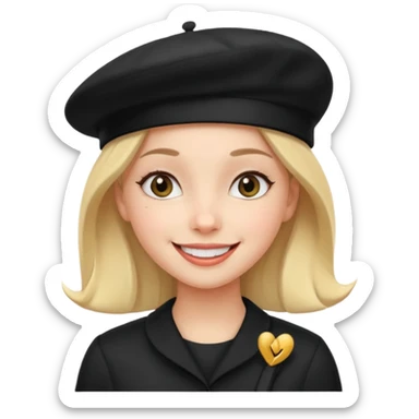 girl with a black beret, happy face sticker