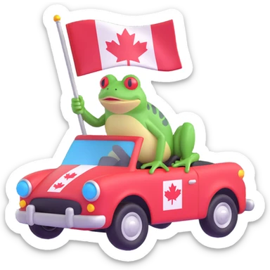a frog riding a car with a Canadian flag on the windshield, 3D emoji style sticker