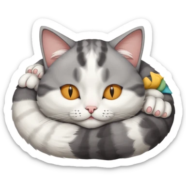grey and white small cat with eyes closed lying down upside down with its head resting on its curled paw sticker