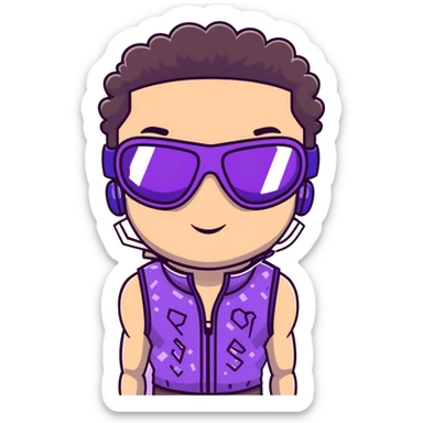 close-up of male athlete with white skin and moderately curly dark brown hair on top with shaved sides, wearing ski goggles with purple frames and very dark black lenses, a simple plain black chain necklace, and a completely unzipped sleeveless vest with purple and black sequin fire pattern design with no logo, with an arrogant smug smirk on his face, looking confident and cocky sticker