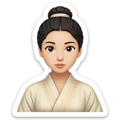 Cinematic Realistic Timeless Mulan Portrait, featuring a serene and confident Mulan with intricately detailed, natural light skin and precisely styled dark hair in a traditional bun. Her expression is calm and assured, and her simple, traditional robe is rendered with realistic textures and delicate, natural folds that catch the light beautifully. The portrait is illuminated by soft, ambient light that creates a natural, radiant finish and subtle glowing outline, perfectly capturing her enduring beauty and quiet strength in a timeless, realistic manner. sticker