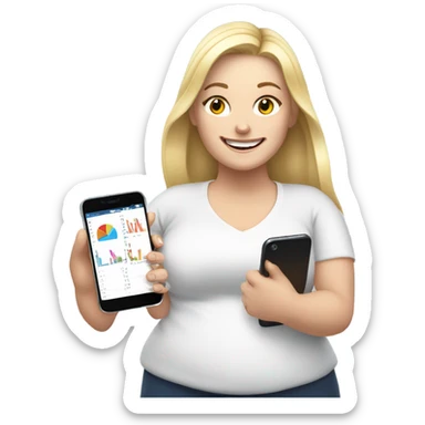 overweight blondie woman happy with a smartphone in hands showing charts sticker