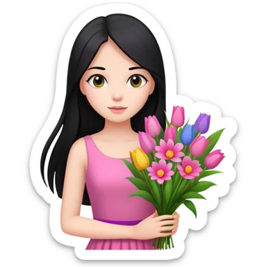 Beautiful girl with long straight black hair, fair skin, wearing pink dress, holding a bouquet of colorful flowers sticker