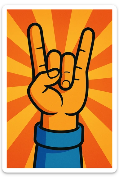 animated hand making a 'rock' gesture, moving upward, bold lines, vibrant toon style sticker