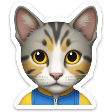 Cat wearing a blue and yellow jumpsuit. sticker