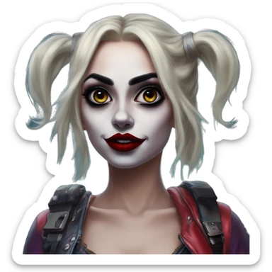 Jasmine Lordi in Harley Quinn style, oil paint, mysterious eyes, intricate lips, masterpiece portrait, odd perspective, beautiful, desirable, logical sticker