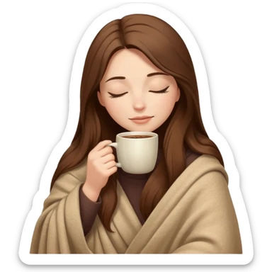 long brown hair woman closed eyes hiding under a cozy wool beige blanket, holding cup of coffee, autumn mood sticker