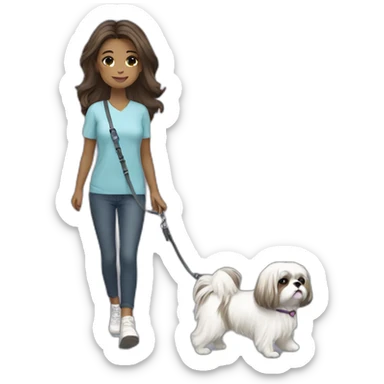 girl walking shih tzu on leash sticker