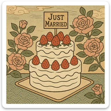 white wedding cake with strawberries, pink roses, 'Just Married' topper, ukiyo-e style sticker