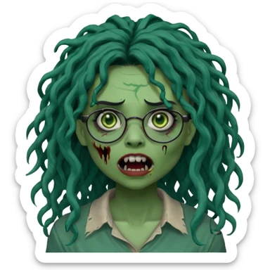 One female green-skinned, zombie super pretty with glasses, with ombre black roots & dark teal long locks and a side bang of her locs that fall over the right eye and a sinister expression with the mouth open, teeth showing, and the jaw uneven. with a small wound near its mouth. Make her locks curly sticker