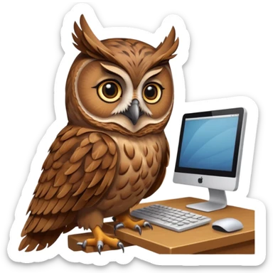 an owl working on computer in an appartement with  timber sticker