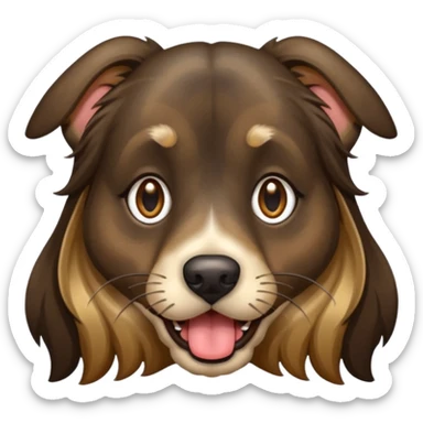 dog face with long black+brown brindle coat and bridge of nose. ears stand up w/ tips folded down. make eyes light brown-ish gold. widen tongue and add dark splotch. keep mane long.  sticker
