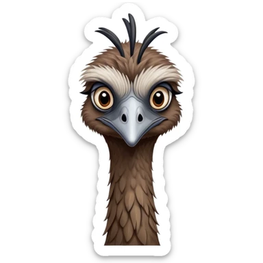 Cinematic Noble Emu Portrait Emoji, Poised and regal, with a tall, slender build and a shaggy, well-groomed fur of earthy brown feathers, a long elegant neck and deep-set soulful eyes, Simplified yet sharp and sophisticated features, highly detailed, glowing with a soft, dignified glow, high shine, intelligent and stately, stylized with an air of outback majesty, focused and attentive, soft glowing outline, capturing the essence of a watchful and confident bird, so majestic it feels as though it could stride out of the screen with effortless authority! sticker