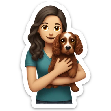 brunette girl holds red cocker spaniel in her arms sticker