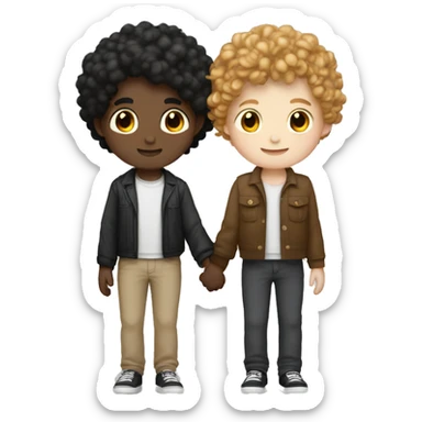 two boys holding hands one white skin brown curly hair jaw length othe white skin black short hair slightly longer on top sticker