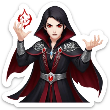 Cinematic Realistic WoW Vampire Mage Portrait, captured in a dynamic, battle-ready pose as he unleashes a torrent of arcane energy. His pallid skin and sleek dark hair contrast sharply with the flowing black robe adorned in silver filigree and glowing runes, while his crimson eyes radiate unyielding power. Rendered with intense, lifelike texture and dynamic, eerie lighting, high shine, embodying the fierce, relentless spirit of a dark sorcerer. sticker