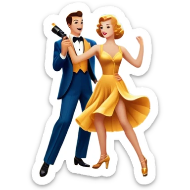 Vintage movie poster-style icon for a musical film. A vibrant street scene with bright lights, dancers mid-step, a singer with a microphone, and a jazz band playing. The cityscape glows in the background, evoking the golden era of musicals. Transparent background. sticker