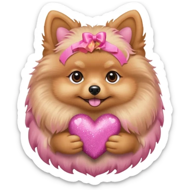 A perfect Tan Pomeranian holding a pink glitter heart  sticker