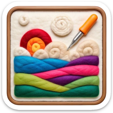 Felt art creation icon, layers of colorful felt being carefully shaped with felting needles into a large picture or decorative design, visible hand tools like felting needles, no finished artwork, just the process of felting, minimalistic style, clean lines, transparent background. sticker