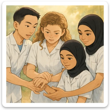 Four nursing students inspired by the faces in the reference photos, wearing white short-sleeve uniforms, arms and hands visible and realistic, no stethoscope, helping each other, in soft ambiance. Special attention to hands. sticker