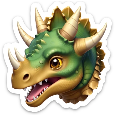 Cinematic Comical Triceratops Portrait Emoji, Head tilted dramatically with an exaggeratedly shocked expression, featuring a stout, armored body with three comically exaggerated horns and a frilled head, wide, comically expressive eyes full of playful disbelief, Simplified yet hilariously expressive features, highly detailed, glowing with a slightly sassy prehistoric glow, high shine, dramatic yet playful, stylized with an air of cheeky dinosaur mischief, soft glowing outline, capturing the essence of a meme-worthy Triceratops that looks ready to side-eye its way into viral fame! sticker