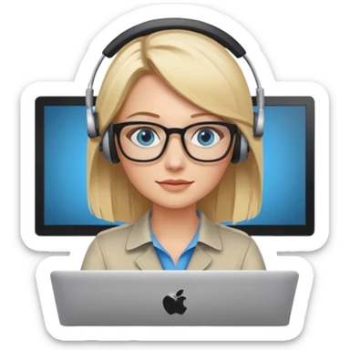 donna bionda occhi azzurri con occhiali, capelli media lunghezza lisci, è al pc è una grafica editoriale e redattrice sticker