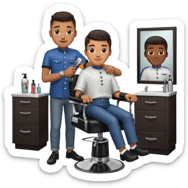 Barber cutting teenage boys hair. Show the boy sat in black barber chair and both having smiles on their faces. Both have dark hair sticker
