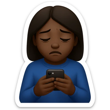 Create an image of a girl addicted to her phone with a dark skin tone in the style of emoji style. The style should reflect the characteristics of emoji style, focusing on the look and feel of emoji illustrations. sticker