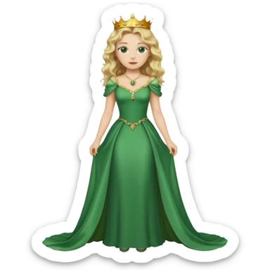 Queen, crown, blonde wavy hair, green eyes, long green narrpw dress, whole Body, sticker