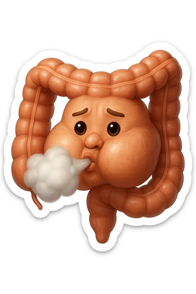emoji stile iphone di un intestino che ingoia una nuvoletta di aria ben visibile e gli si gonfia la pancia, non fargli il naso, iperrealistico 4k sticker