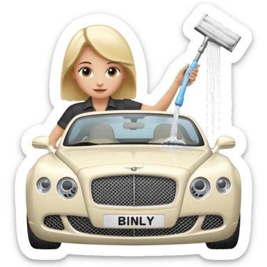 A blond lady washing a Bentley sticker