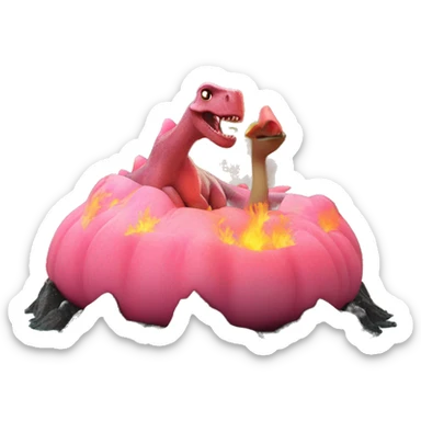 Dinosaur on flamingo floatie in a volcano sticker