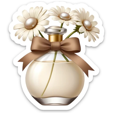 pearl white vintage style perfume bottle and ivory colored daisies and a brown bow sticker
