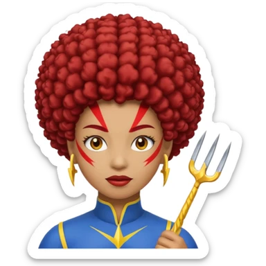 Emoji metisse femboy avec drapeau ukrainien arriere plan, un afro, sourcils rouge, fourche trident, et eclairs sticker