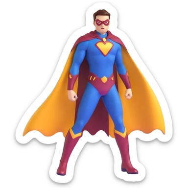 superhero in dark blue and maroon bodysuit with gold accents, digital cape, maroon boots, dynamic stance sticker