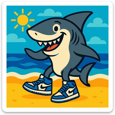 smiling shark close to the beach, wearing four blue Jordan tennis shoes, with a sunny sky and ocean, fun and lively style sticker